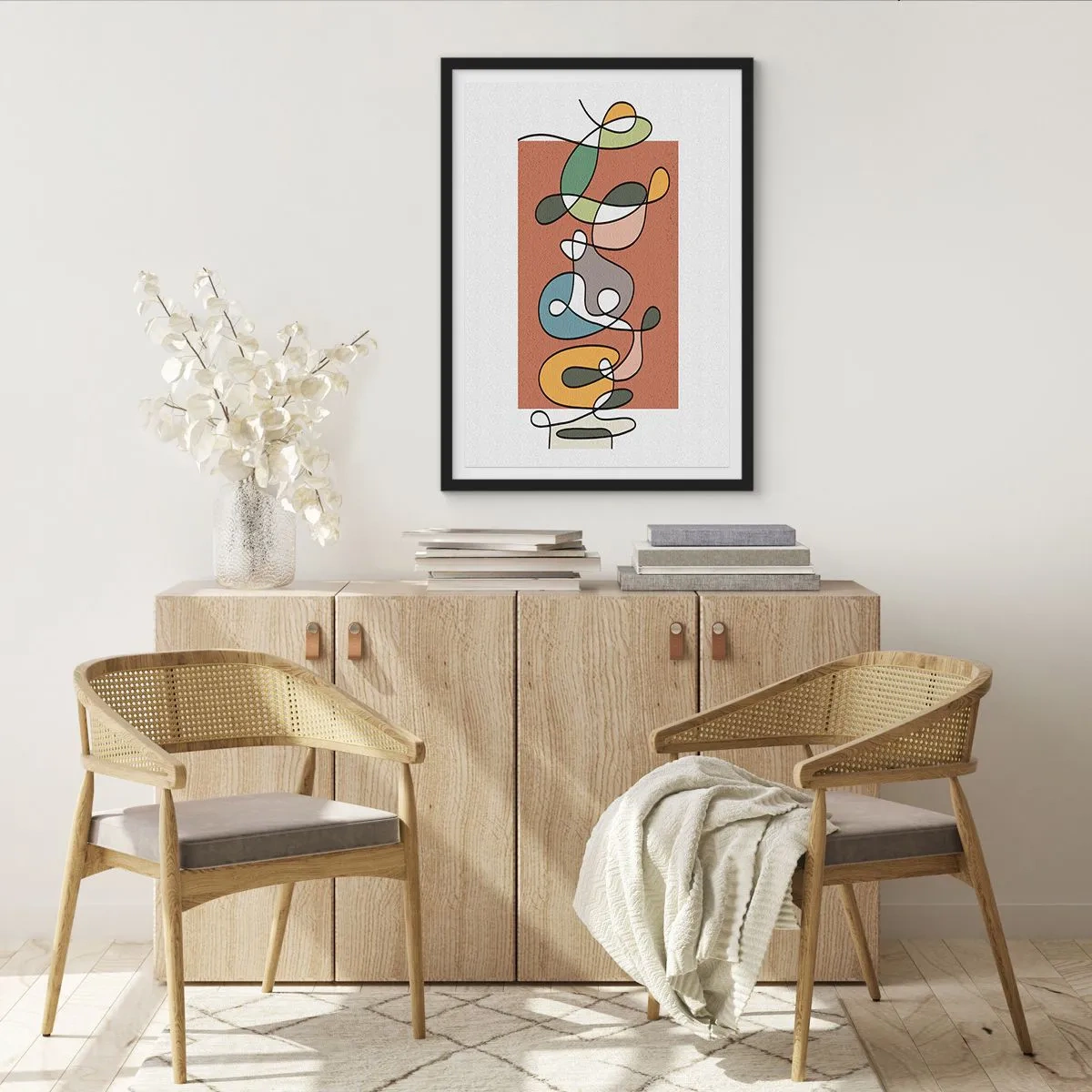Poster in einem schwarzem Rahmen - Abstrakte geometrische Komposition mit organischen Linien - 50x70cm - Abstraktion: bunter Tanz - Moderne Wanddekoration für Wohnzimmer und Schlafzimmer ARTTOR