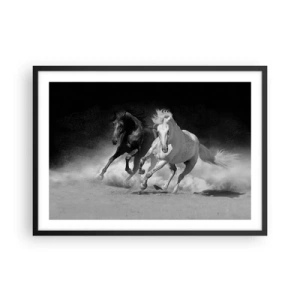 Poster in einem schwarzem Rahmen - Laufende Pferde in Schwarz und Weiß - 70x50cm - Galopp der Freiheit - Moderne Wanddekoration für Wohnzimmer und Schlafzimmer ARTTOR