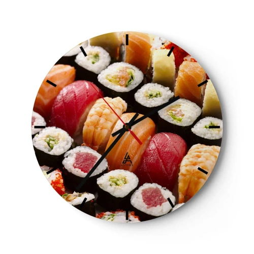 Wanduhr - Glasuhr - Nahaufnahme von buntem Sushi in verschiedenen Sorten - 30x30cm - Farben und Aromen Asiens - Moderne Wanddekoration für Wohnzimmer, Küche und Schlafzimmer ARTTOR
