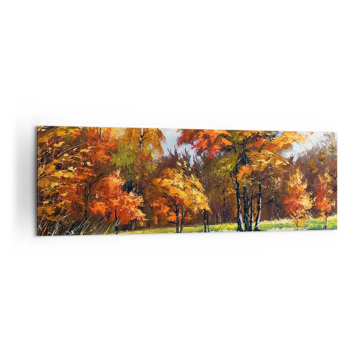 Bild auf Leinwand - Leinwandbild - Herbstlandschaft mit bunten Bäumen und einem Teich - 160x50cm - Landschaft in Gold und Bronze - Moderne Wanddekoration für Wohnzimmer und Schlafzimmer ARTTOR