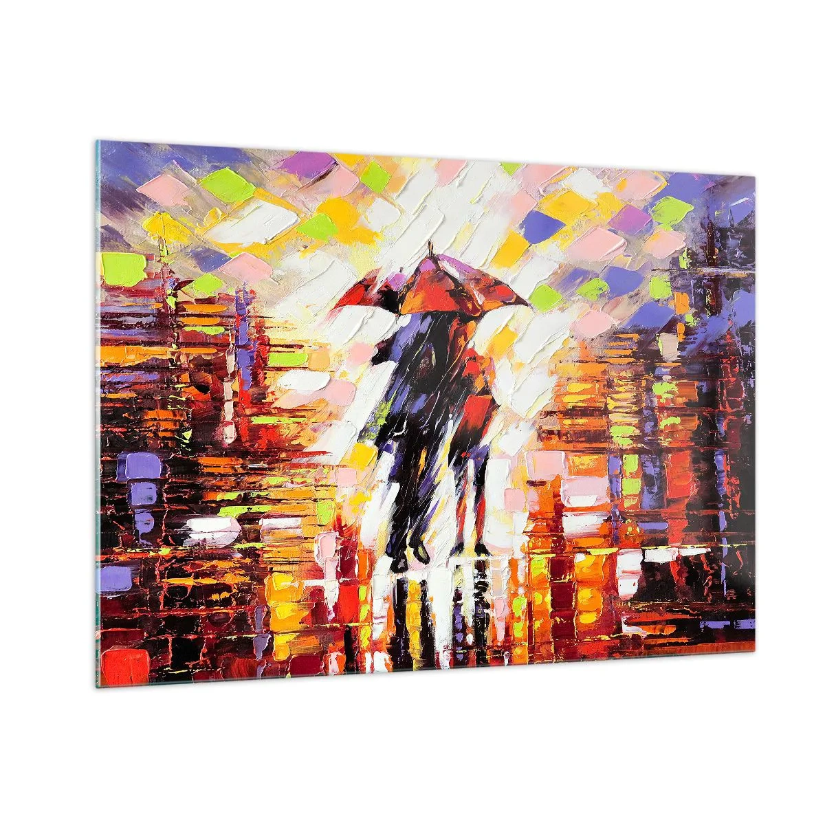 Glasbild - Bild auf glas - Ein Paar unter einem roten Regenschirm in einer bunten Stadt - 100x70cm - Gemeinsam durch die Nacht und den Regen - Moderne Wanddekoration für Wohnzimmer und Schlafzimmer ARTTOR