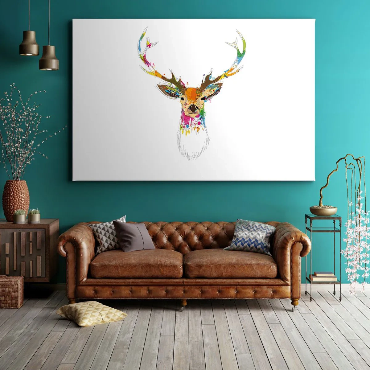 Bild auf Leinwand - Leinwandbild - Bunter Hirschkopf im künstlerischen Stil - 70x50cm - Ein mildes Reh in Farbe getaucht - Moderne Wanddekoration für Wohnzimmer und Schlafzimmer ARTTOR
