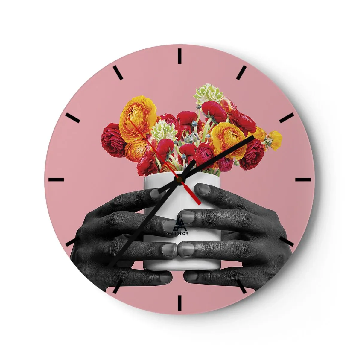 Wanduhr - Glasuhr - Hände halten einen Strauß bunter Blumen auf rosa Hintergrund - 30x30cm - Die Apotheose des Lebens - Moderne Wanddekoration für Wohnzimmer, Küche und Schlafzimmer ARTTOR