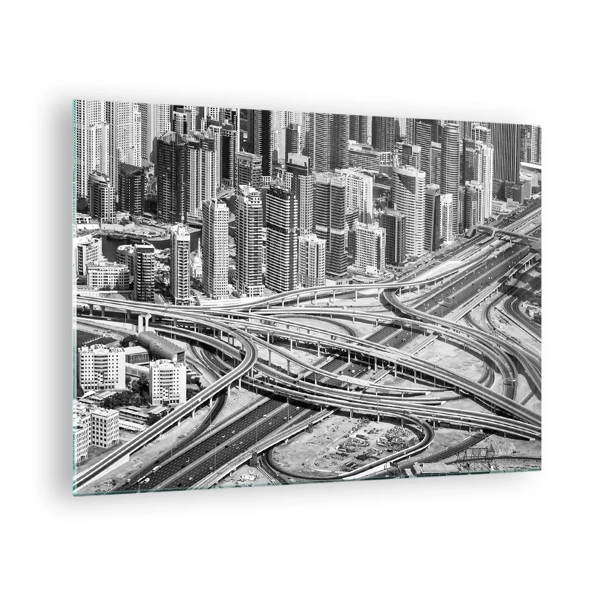 Glasbild - Bild auf glas - Schwarz-Weiß-Panorama der Stadt mit Autobahnkreuz - 70x50cm - Dubai - die unmögliche Stadt - Moderne Wanddekoration für Wohnzimmer und Schlafzimmer ARTTOR