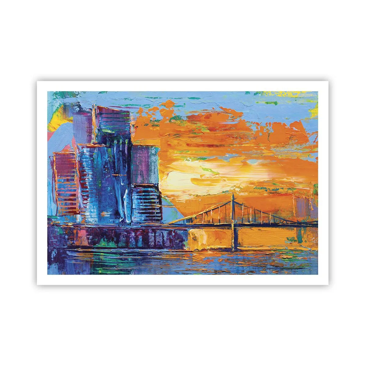 Poster - Eine farbenfrohe Stadt mit einer Brücke in der untergehenden Sonne - 100x70cm - Kultur und Natur - Moderne Wanddekoration für Wohnzimmer und Schlafzimmer ARTTOR