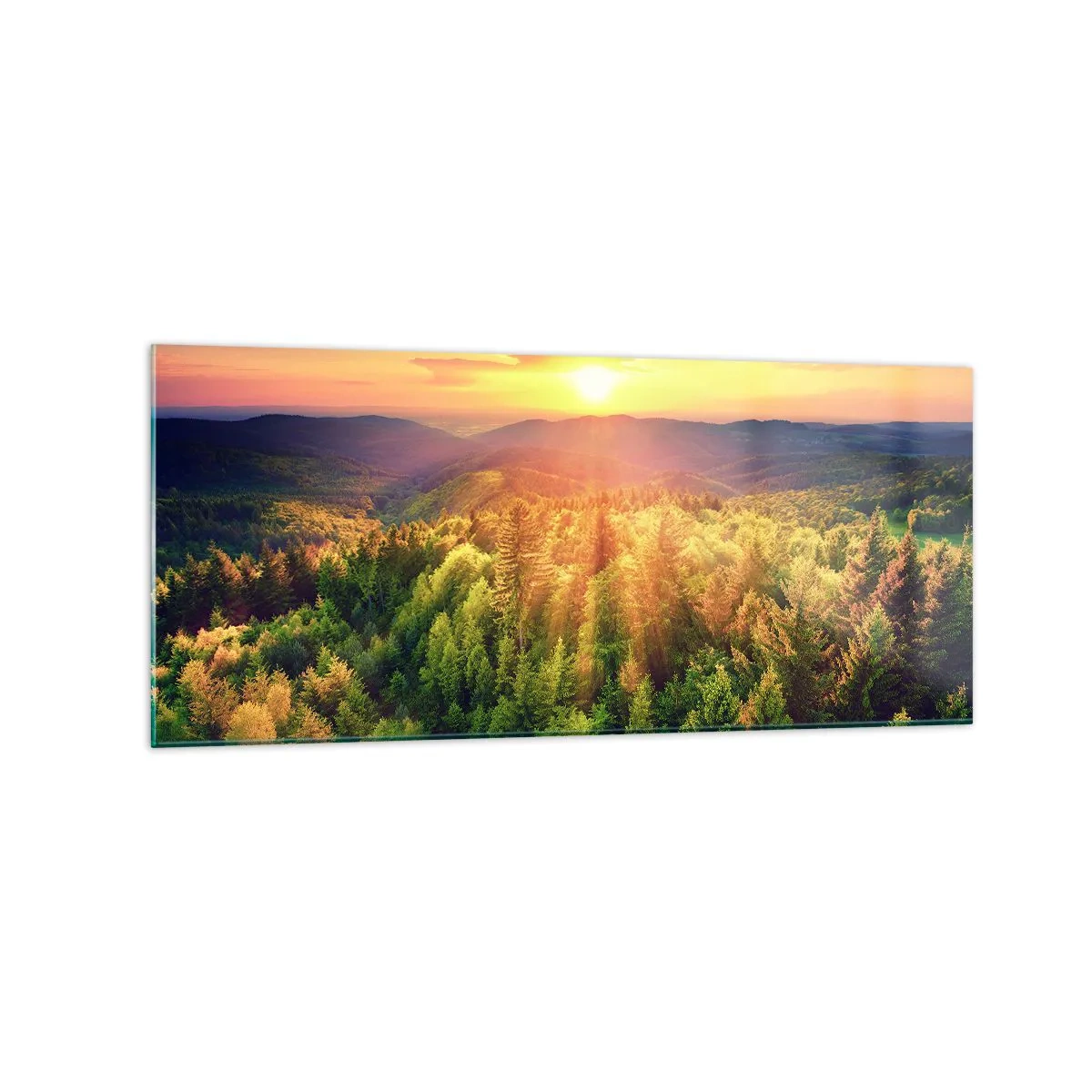 Glasbild - Bild auf glas - Waldlandschaft mit Sonnenuntergang über den Hügeln - 120x50cm - Scheitelpunkte und Spitzen - Moderne Wanddekoration für Wohnzimmer und Schlafzimmer ARTTOR