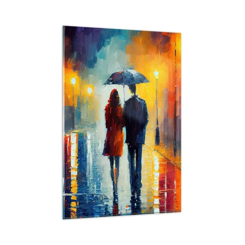 Glasbild - Bild auf glas - Ein Paar unter einem Regenschirm, das durch eine farbenfrohe Nachtstadt spaziert - 80x120cm - Gemeinsam – eine bunte Nacht - Moderne Wanddekoration für Wohnzimmer und Schlafzimmer ARTTOR