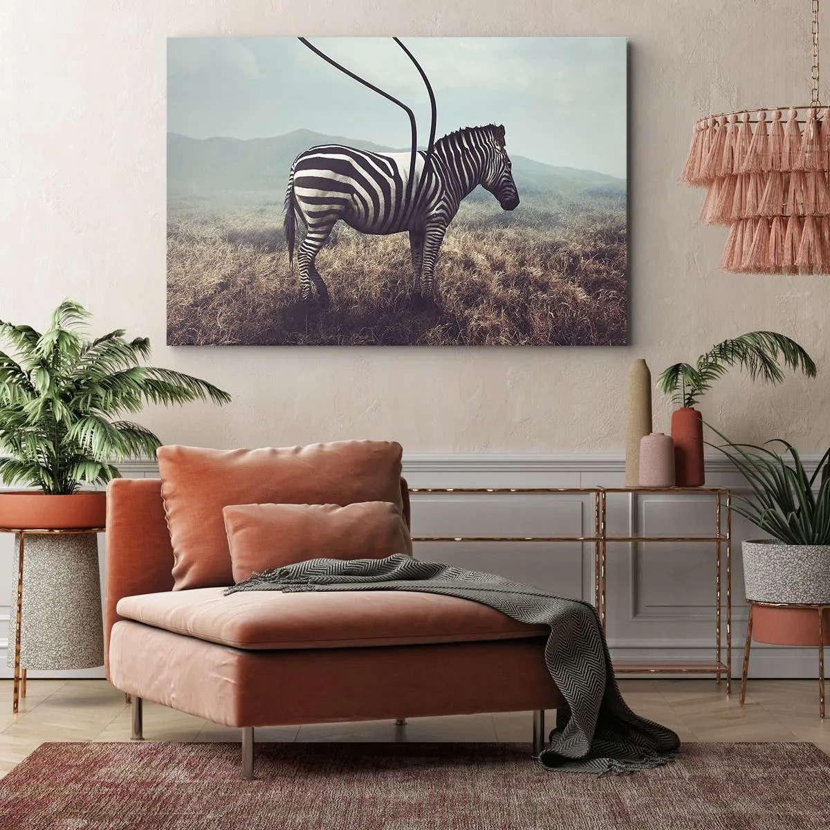 Bild auf Leinwand - Leinwandbild - Ein surreales Zebra vor einer grasbewachsenen Landschaft - 70x50cm - Achtung! Fehler - Moderne Wanddekoration für Wohnzimmer und Schlafzimmer ARTTOR