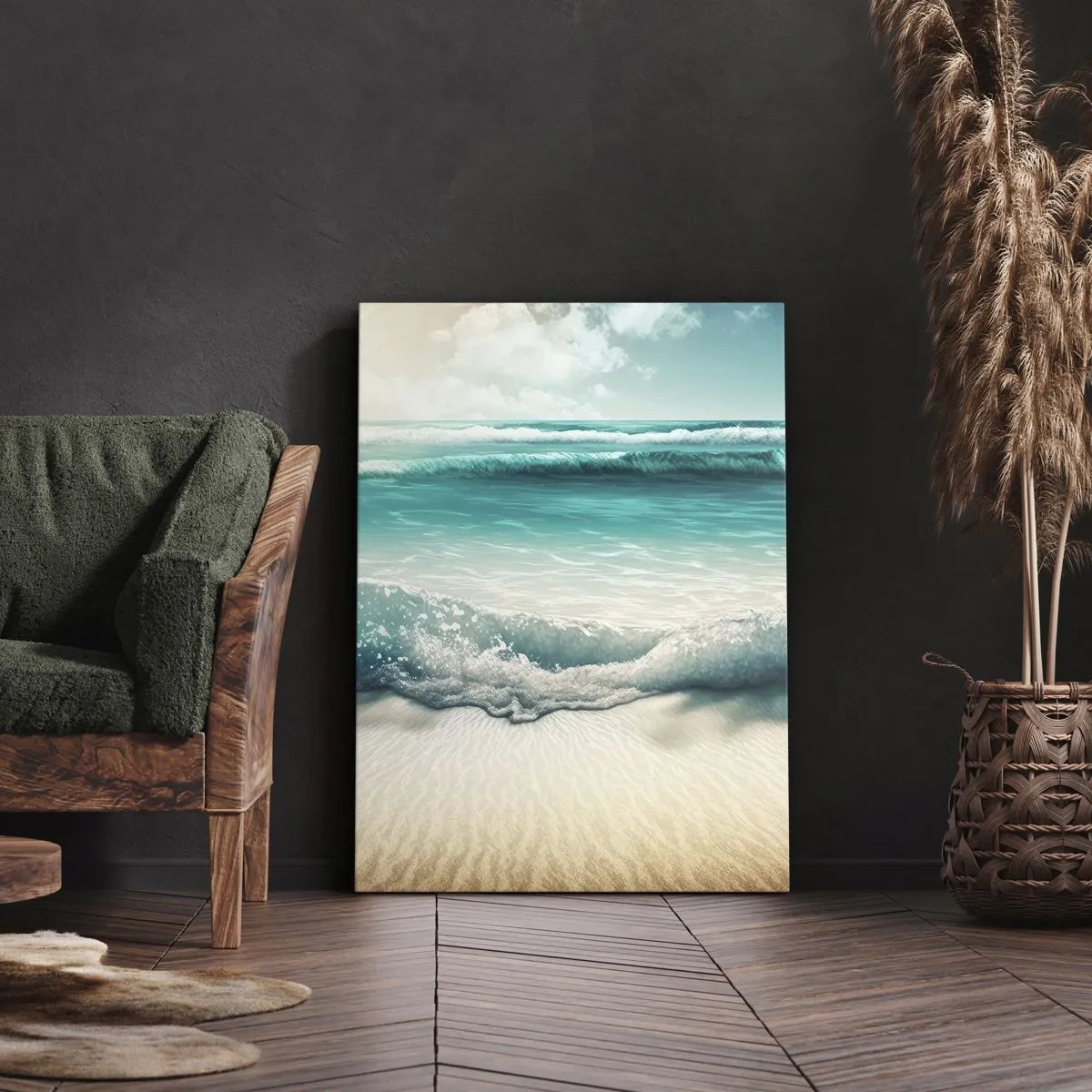 Bild auf Leinwand - Leinwandbild - Meereswellen an einem hellen Sandstrand - 50x70cm - Frieden des Ozeans - Moderne Wanddekoration für Wohnzimmer und Schlafzimmer ARTTOR