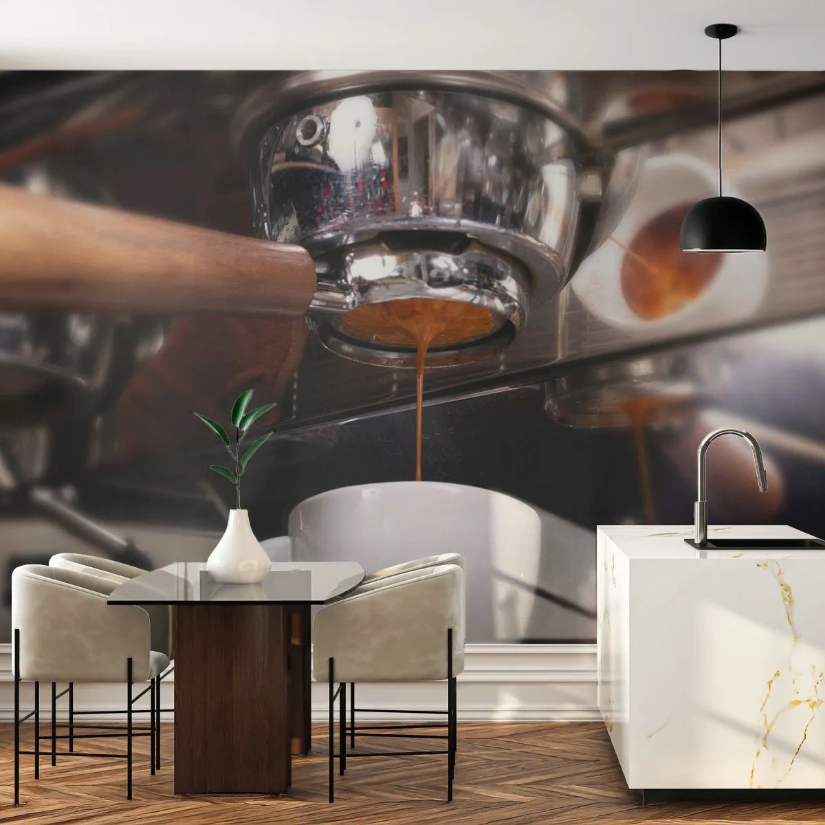 Fototapete Premium Sand - Eine Kaffeemaschine gießt Espresso in eine weiße Tasse - 100x70cm - Gute Zeit des Tages - Moderne Wanddekoration für Wohnzimmer und Schlafzimmer ARTTOR