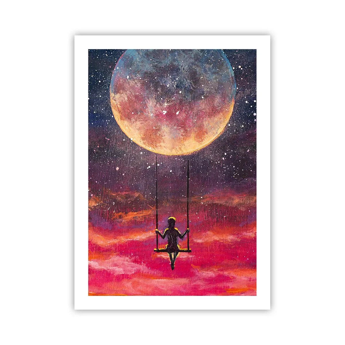 Poster - Mädchen auf einer Schaukel unter dem Vollmond - 50x70cm - Traum - Moderne Wanddekoration für Wohnzimmer und Schlafzimmer ARTTOR