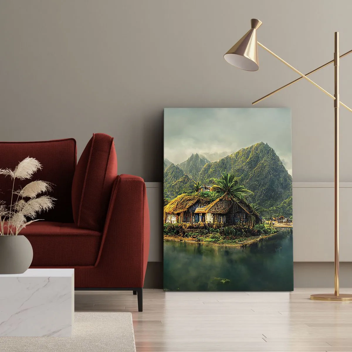 Bild auf Leinwand - Leinwandbild - Eine tropische Insel mit Palmen und Bergen im Hintergrund - 50x70cm - Tropisches Paradies - Moderne Wanddekoration für Wohnzimmer und Schlafzimmer ARTTOR
