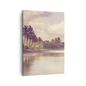 Bild auf Leinwand - Leinwandbild - Ein Strand mit Palmen und sanften Wellen am Morgen - 50x70cm - Die Liebkosung der Wellen - Moderne Wanddekoration für Wohnzimmer und Schlafzimmer ARTTOR