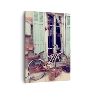 Bild auf Leinwand - Leinwandbild - Vintage-Fahrräder vor einer Holztür mit pastellfarbenen Fensterläden - 50x70cm - Es lebe die Provinz - Moderne Wanddekoration für Wohnzimmer und Schlafzimmer ARTTOR