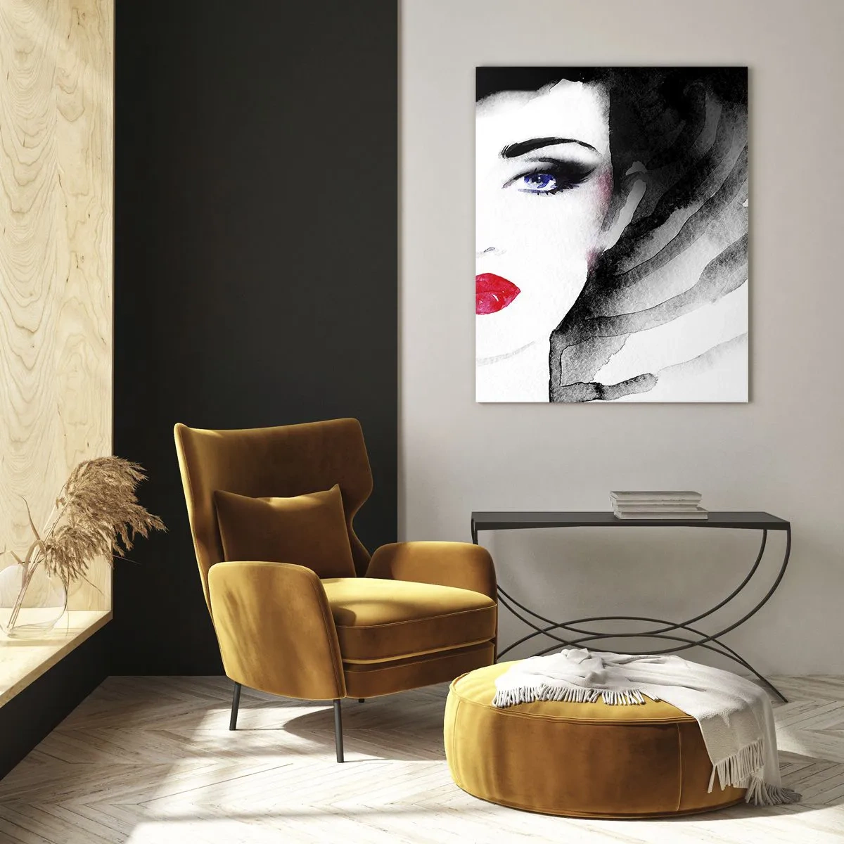 Glasbild - Bild auf glas - Porträt einer Frau mit ausdrucksstarken roten Lippen und schwarzem Hut - 50x70cm - Er drückt zurück und ruft an - Moderne Wanddekoration für Wohnzimmer und Schlafzimmer ARTTOR