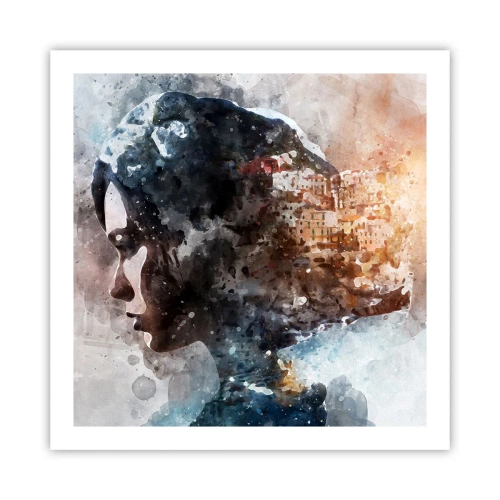 Poster - Eine Geschichte über ein Mädchen mit einer Stadt im Hintergrund - 60x60 cm