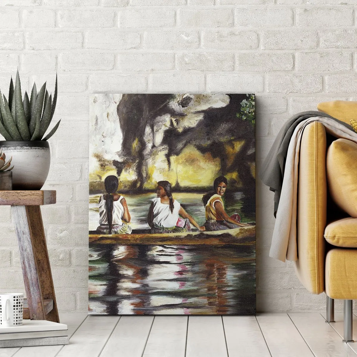 Bild auf Leinwand - Leinwandbild - Frauen in einem Boot auf einem ruhigen Fluss mit malerischer Kulisse - 70x100cm - In einem polynesischen Paradies - Moderne Wanddekoration für Wohnzimmer und Schlafzimmer ARTTOR