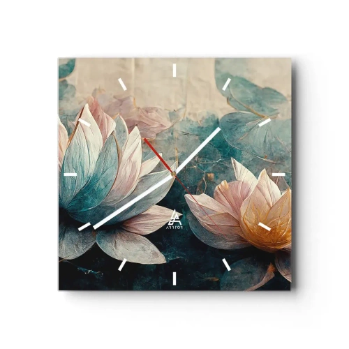 Wanduhr - Glasuhr - Dezente Seerosen in Pastelltönen von Blau und Gold - 30x30cm - Seesterne - Moderne Wanddekoration für Wohnzimmer und Schlafzimmer ARTTOR