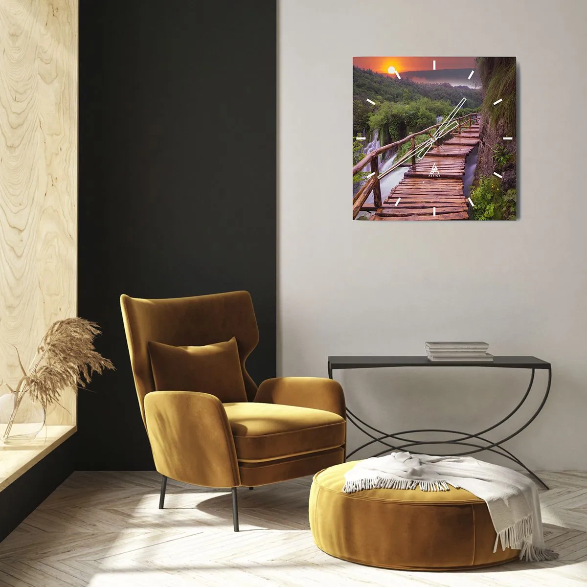 Wanduhr - Glasuhr - Eine Brücke mit Blick auf die Wasserfälle bei Sonnenuntergang - 30x30cm - Schönheit jenseits des Glaubens - Moderne Wanddekoration für Wohnzimmer und Schlafzimmer ARTTOR