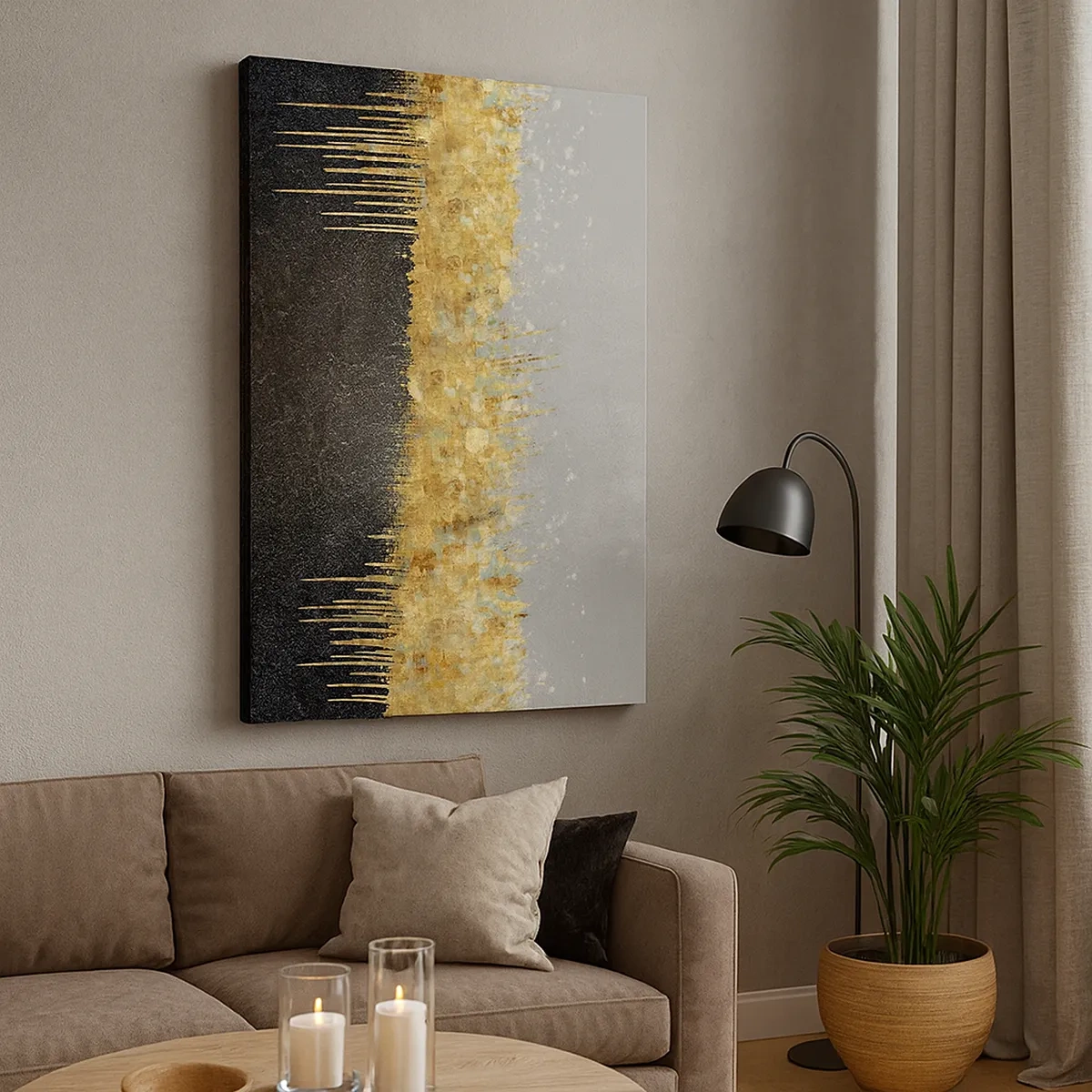 Bild auf Leinwand - Leinwandbild - Abstrakte Komposition in Gold- und Schwarztönen - 50x70cm - Nach innen und nach oben - Moderne Wanddekoration für Wohnzimmer und Schlafzimmer ARTTOR