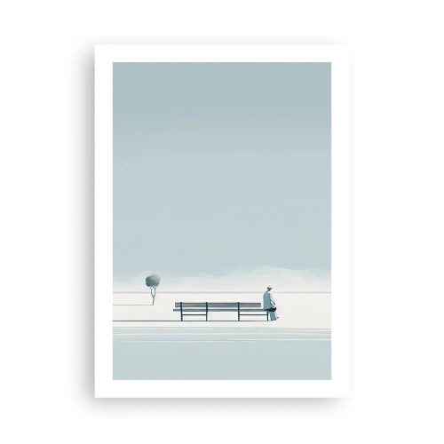 Poster - Eine Person, die in einer minimalistischen, friedlichen Landschaft auf einer Bank sitzt. - 50x70cm - Ja, ich warte. - Moderne Wanddekoration für Wohnzimmer und Schlafzimmer ARTTOR
