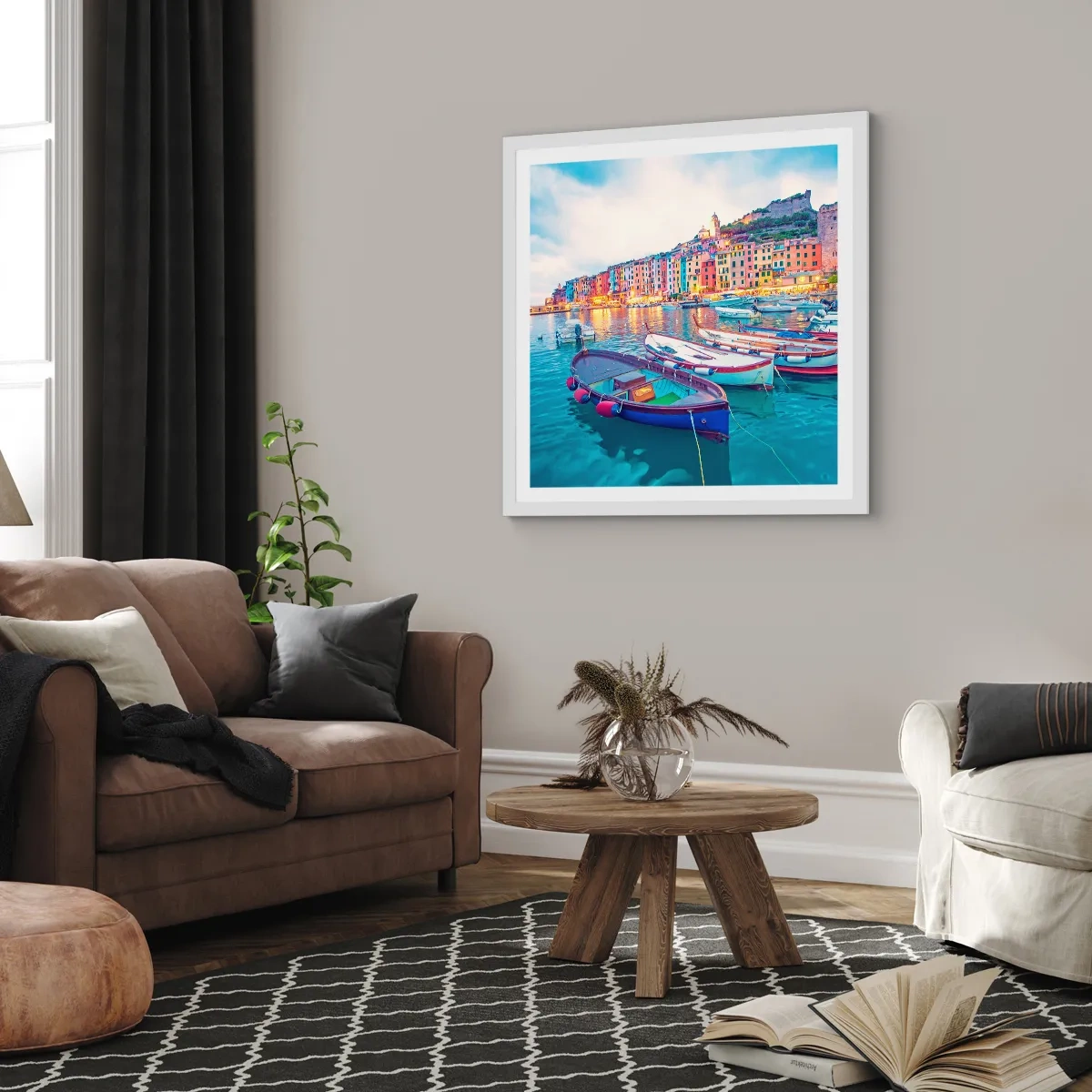 Poster in einem weißen Rahmen - Bunter Abend im Hafen - 30x30 cm