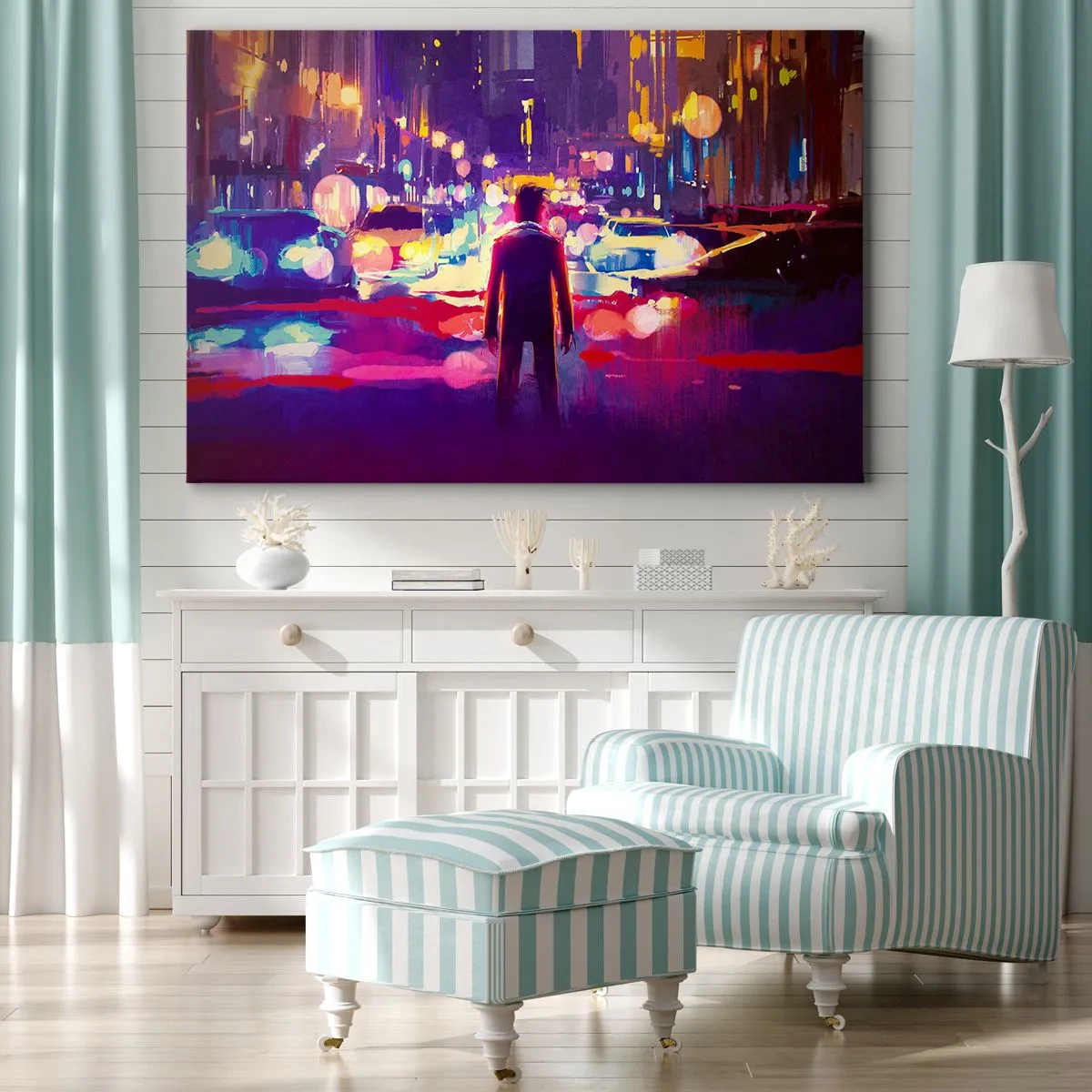 Bild auf Leinwand - Leinwandbild - Ein Mann in einer neonfarbenen Nachtszene einer Stadt - 70x50cm - Eingetaucht in das Licht - Moderne Wanddekoration für Wohnzimmer und Schlafzimmer ARTTOR