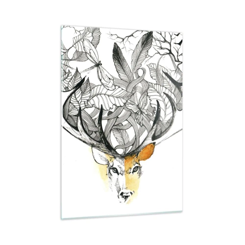 Glasbild - Bild auf glas - Zeichnung eines Hirsches mit ausgefallenem Geweih - 50x70cm - Ecken des Überflusses - Moderne Wanddekoration für Wohnzimmer und Schlafzimmer ARTTOR