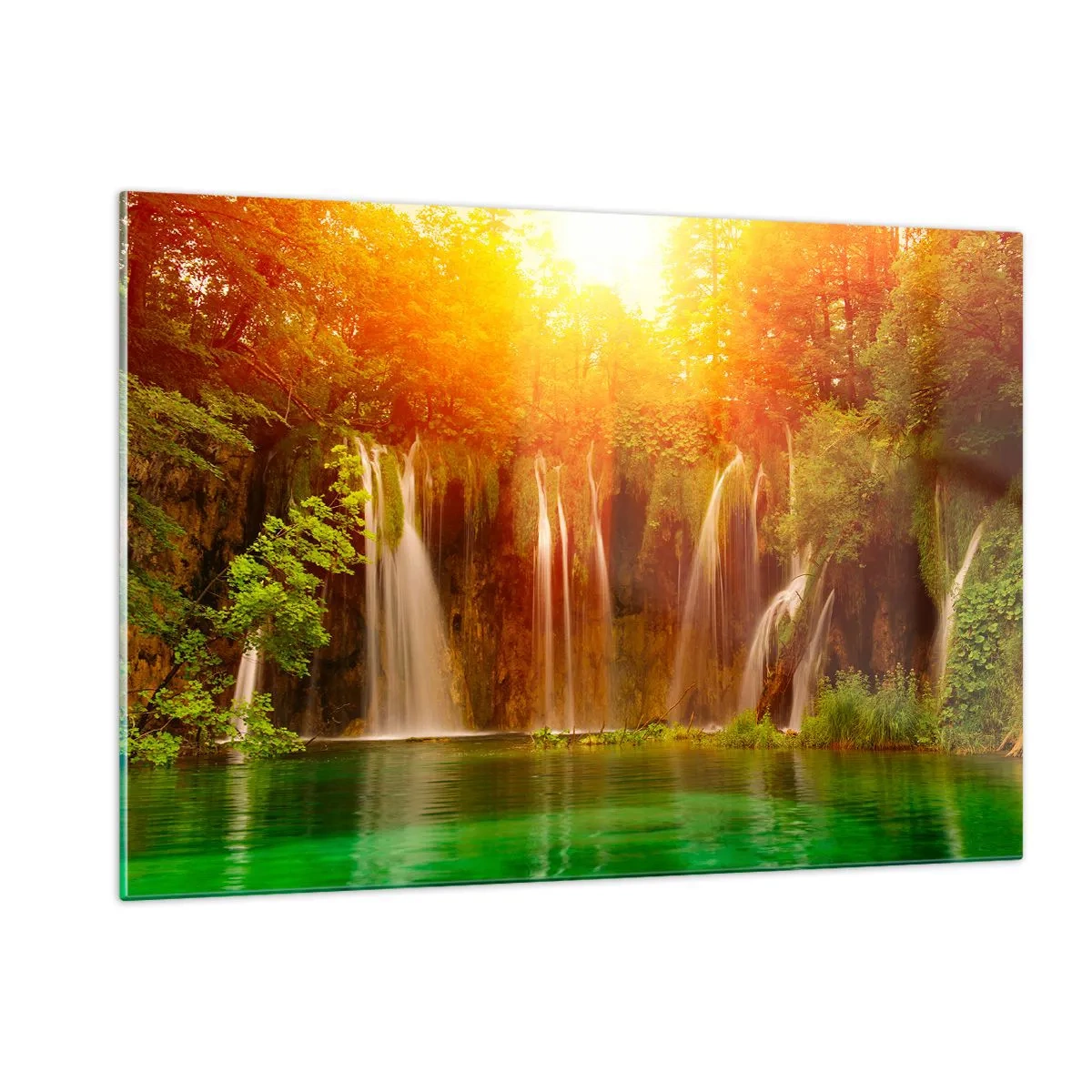 Glasbild - Bild auf glas - Wasserfälle in einem sonnigen Wald mit türkisfarbenem Wasser - 120x80cm - In der Sonne und im Schatten - Moderne Wanddekoration für Wohnzimmer und Schlafzimmer ARTTOR