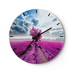 Wanduhr - Glasuhr - Ein violettes Feld mit einem einsamen Baum vor dem Hintergrund der Wolken - 30x30cm - Heide - Wildnis - Moderne Wanddekoration für Wohnzimmer, Küche und Schlafzimmer ARTTOR