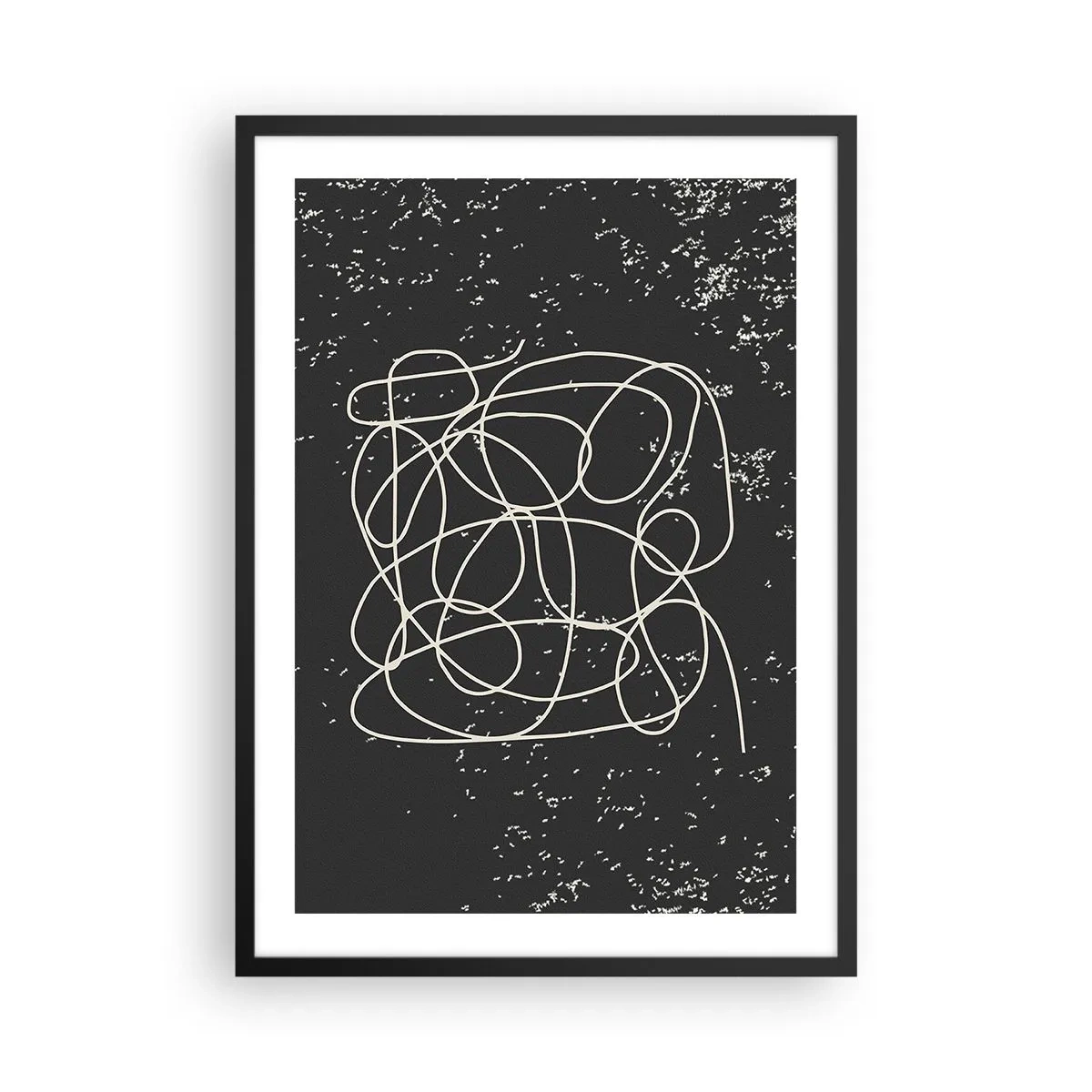 Poster in einem schwarzem Rahmen - Chaotische Linien auf schwarzem Hintergrund mit weißen Punkten - 50x70cm - Wandernde, umherschweifende Gedanken - Moderne Wanddekoration für Wohnzimmer und Schlafzimmer ARTTOR