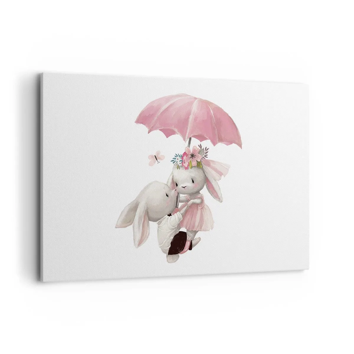 Bild auf Leinwand - Leinwandbild - Süße Häschen unter einem rosa Regenschirm - 120x80cm - Das ist eben Liebe - Moderne Wanddekoration für Wohnzimmer und Schlafzimmer ARTTOR