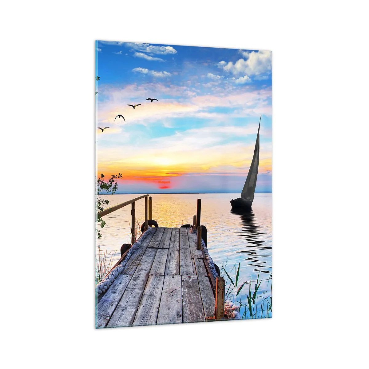 Glasbild - Bild auf glas - Seepier mit Boot und Sonnenuntergang - 70x100cm - Guten Abend - Moderne Wanddekoration für Wohnzimmer und Schlafzimmer ARTTOR