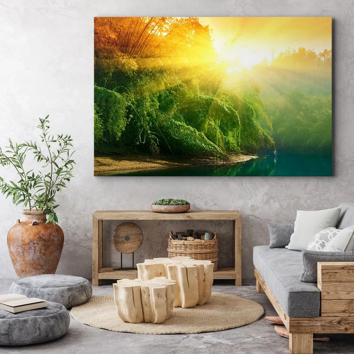 Bild auf Leinwand - Leinwandbild - Ein grüner Wald am Fluss, beleuchtet von den Strahlen der aufgehenden Sonne - 70x50cm - In Sonne und Schatten ertrinken - Moderne Wanddekoration für Wohnzimmer und Schlafzimmer ARTTOR