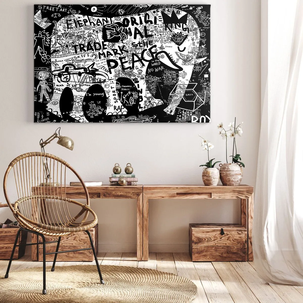 Bild auf Leinwand - Leinwandbild - Schwarz-Weiß-Grafiken mit Graffiti-Motiven - 120x80cm - Reiche Straßenwelt - Moderne Wanddekoration für Wohnzimmer und Schlafzimmer ARTTOR