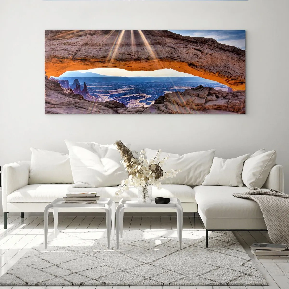 Glasbild - Bild auf glas - Felsbogen mit Blick auf den Canyon bei Sonnenaufgang - 160x50cm - Durch das Felsentor - Moderne Wanddekoration für Wohnzimmer und Schlafzimmer ARTTOR