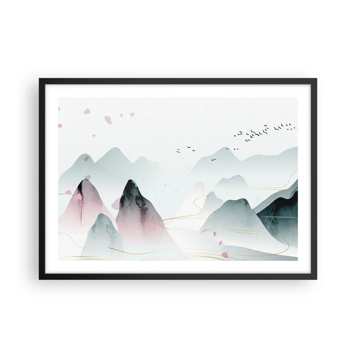 Poster in einem schwarzem Rahmen - Abstrakte Berge in Pastelltönen - 70x50cm - Über die Gipfel - Moderne Wanddekoration für Wohnzimmer und Schlafzimmer ARTTOR