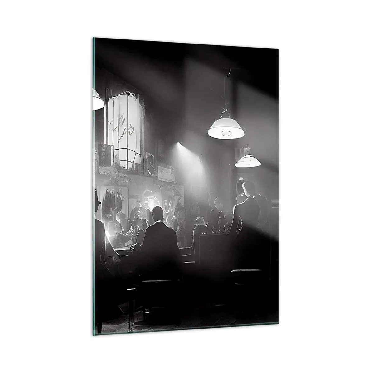 Glasbild - Bild auf glas - Schwarz-weiße Jazzbühne im Club-Interieur - 50x70cm - In Jazz-Atmosphäre - Moderne Wanddekoration für Wohnzimmer und Schlafzimmer ARTTOR