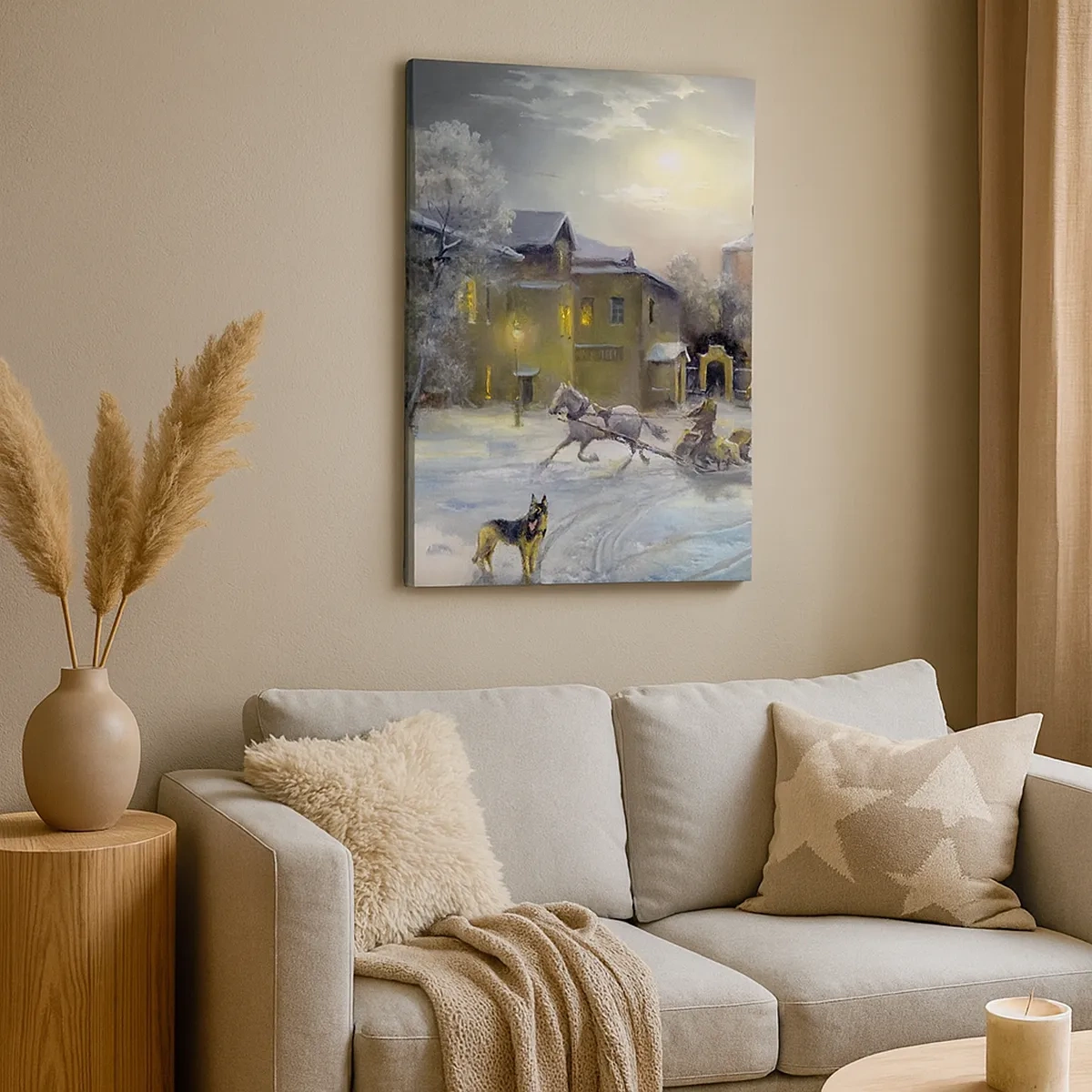 Bild auf Leinwand - Leinwandbild - Winterlandschaft in einer russischen Stadt mit Schlitten und Kirche - 50x70cm - Die Magie des russischen Winters - Moderne Wanddekoration für Wohnzimmer und Schlafzimmer ARTTOR