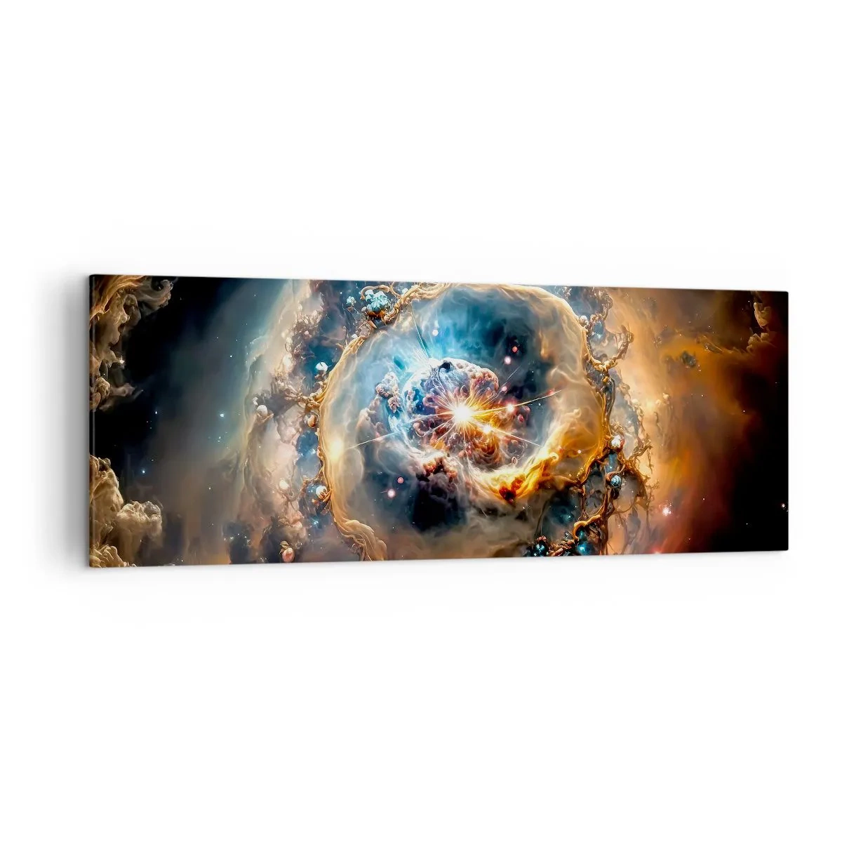 Bild auf Leinwand - Leinwandbild - Eine abstrakte Vision einer kosmischen Explosion in Gold- und Blautönen. - 140x50cm - Anfang - Moderne Wanddekoration für Wohnzimmer und Schlafzimmer ARTTOR