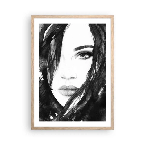 Poster in einem Rahmen aus heller Eiche - Porträt einer Dame in Schwarzweiß - 50x70 cm