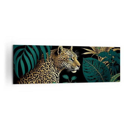 Bild auf Leinwand - Leinwandbild - Leopard in tropischen Blättern auf schwarzem Hintergrund - 160x50cm - Gastgeber im Dschungel - Moderne Wanddekoration für Wohnzimmer und Schlafzimmer ARTTOR