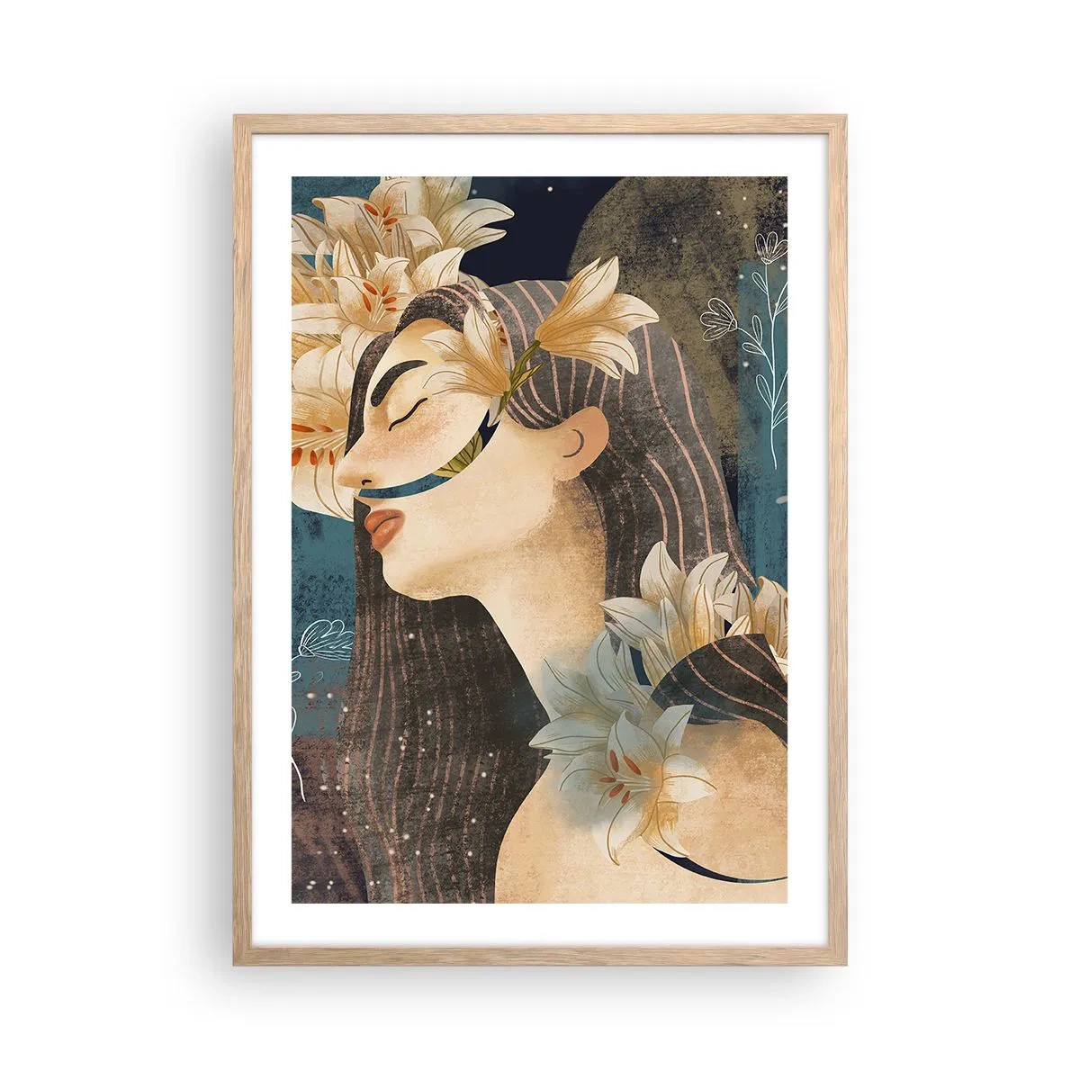 Poster in einem Rahmen aus heller Eiche - Ein Märchen über eine Prinzessin mit Lilien - 50x70 cm