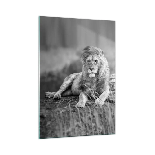 Glasbild - Bild auf glas - Ein Löwe ruht auf einem Felsen in einer monochromen Landschaft. - 50x70cm - Königliche Siesta - Moderne Wanddekoration für Wohnzimmer und Schlafzimmer ARTTOR