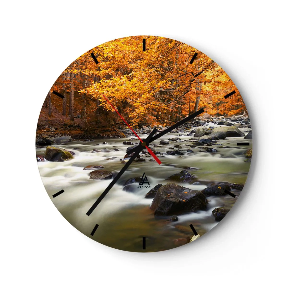 Wanduhr - Glasuhr - Herbstlandschaft mit Fluss und goldenen Blättern - 30x30cm - Ein Bach in einem goldenen Wald - Moderne Wanddekoration für Wohnzimmer, Küche und Schlafzimmer ARTTOR