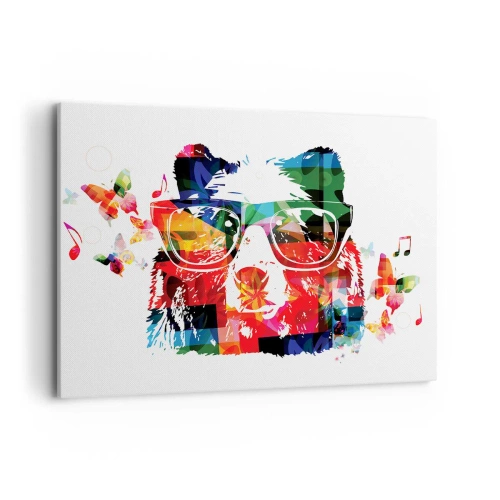 Bild auf Leinwand - Leinwandbild - Bunter Bär mit Brille mit Schmetterlingen und Musiknoten - 100x70cm - Ich mag! - Moderne Wanddekoration für Wohnzimmer und Schlafzimmer ARTTOR