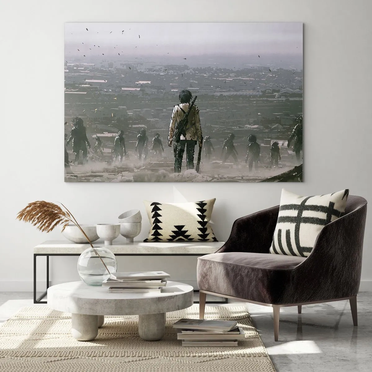 Glasbild - Bild auf glas - Eine Figur mit einem Gewehr in der dunklen Szenerie einer sich nähernden Gruppe - 70x50cm - Letzter Gerechter? - Moderne Wanddekoration für Wohnzimmer und Schlafzimmer ARTTOR