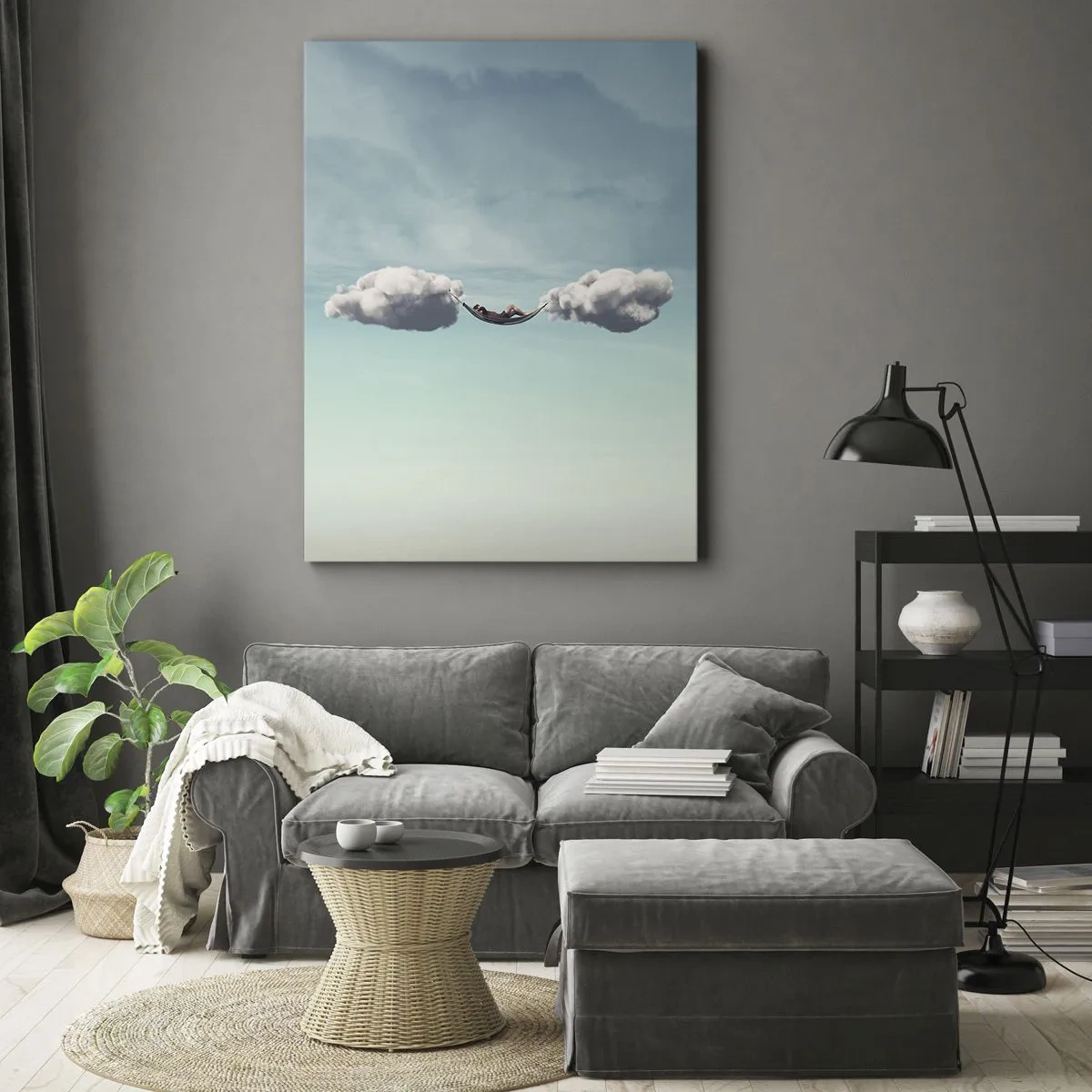 Bild auf Leinwand - Leinwandbild - Eine Person entspannt in einer Hängematte in den Wolken - 70x100cm - Die Behaglichkeit des Augenblicks - Moderne Wanddekoration für Wohnzimmer und Schlafzimmer ARTTOR
