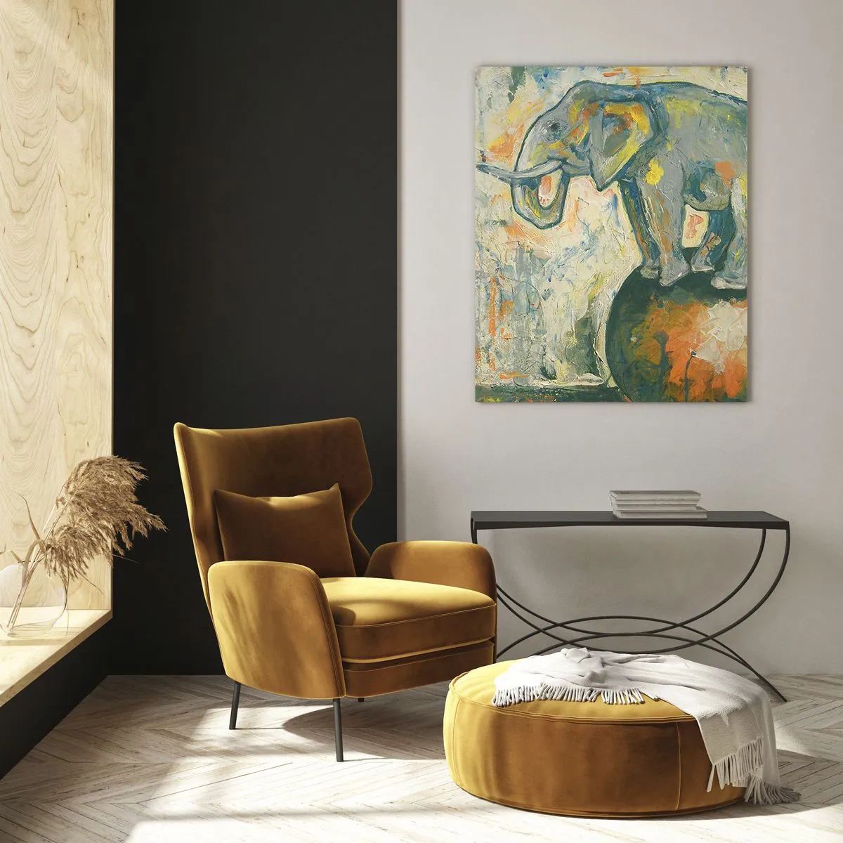 Glasbild - Bild auf glas - Ein Elefant, der auf einem Ball balanciert, in einem künstlerischen Stil - 70x100cm - Es lebe der Zirkus! - Moderne Wanddekoration für Wohnzimmer und Schlafzimmer ARTTOR