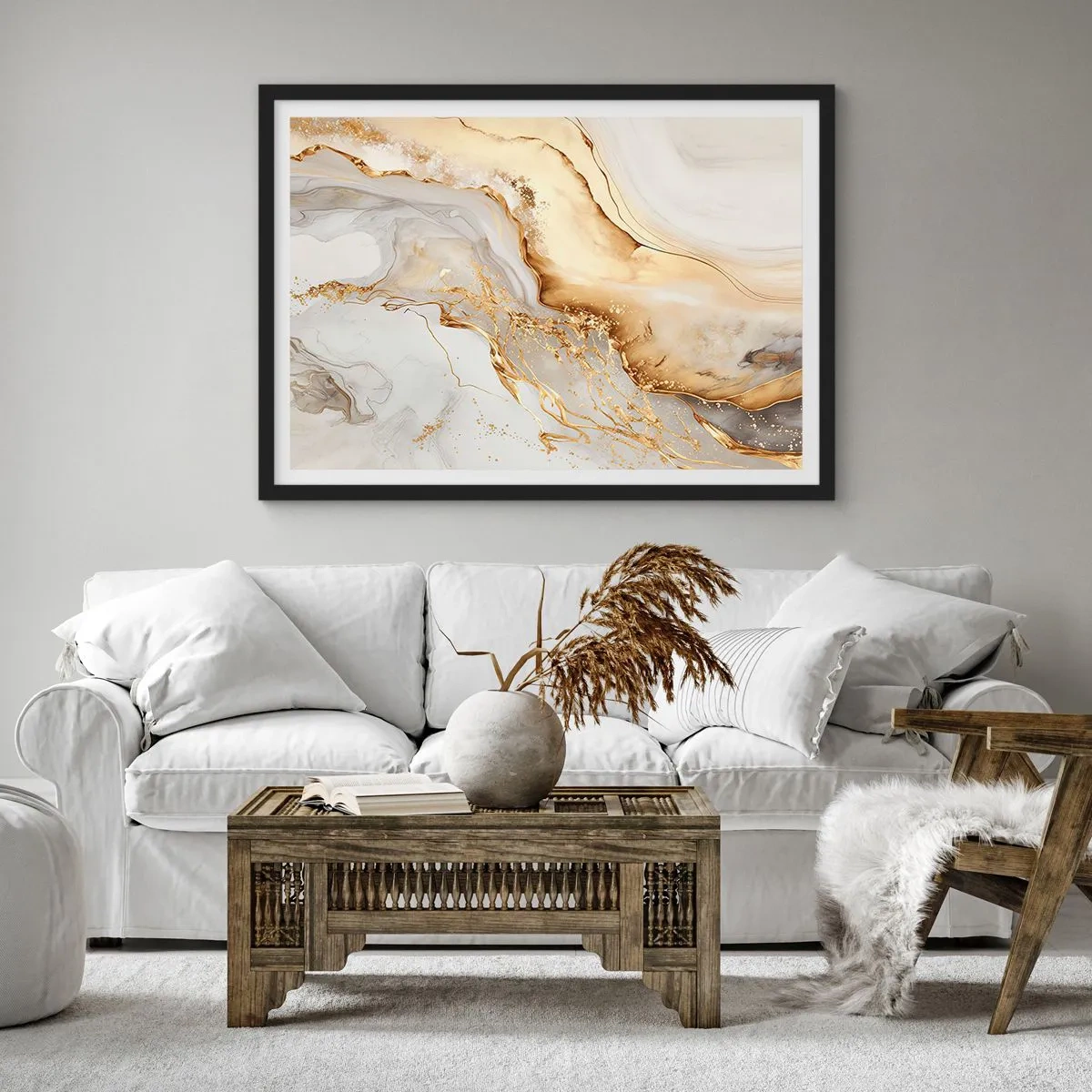 Poster in einem schwarzem Rahmen - Abstrakte Muster aus Gold und Marmor auf hellem Hintergrund - 100x70cm - Abstraktion: Schönheit und Güte - Moderne Wanddekoration für Wohnzimmer und Schlafzimmer ARTTOR